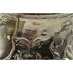 George III silver baluster cream jug with scroll handle and later embossed decoration, marks rubbed