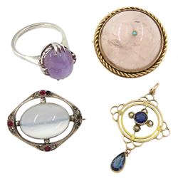 Gold rose quartz brooch and a gold blue stone set pendant, both stamped 9ct, silver lavender star sapphire ring and a stone set brooch