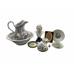 Mason's Chantilly pattern ewer and basin, 19th century plate printed in grey with 'Hop Pickers' pattern, early 19th century Derby tea cup and coffee cup and saucers and other items