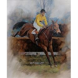 M P Heslop (British contemporary): 'Arkle Taking a Fence' oil on board signed 54cm x 45cm
