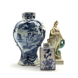  19th Century Faience ware tea caddy painted with Chinese style figures etc. H11cm, Delft blue and white vase H24cm and a Staffordshire figure  