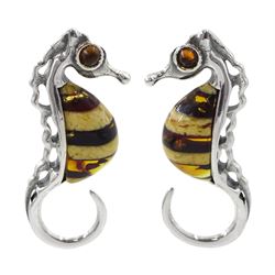 Pair of silver Baltic amber seahorse stud earrings, stamped 925