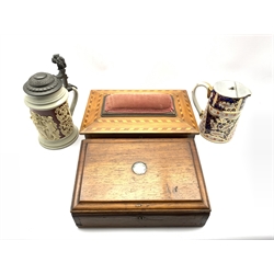 Victorian inlaid sewing box with pin cushion cover W30cm, mahogany sewing box with sloping lid, German pottery stein and a Derby pattern hot water jug