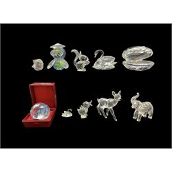 Ten Swarovski crystal ornaments including Oyster Shell with pearl, elephant, deer, owl, squirrel etc and a Swarovski York Minster paperweight (boxed)