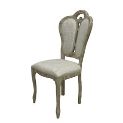 Set seven (5+2) dining chairs, arched cresting rail with upholstered back and seat decorated with cream foliate pattern (55cm x 56cm x 106cm)