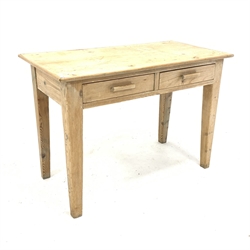 Early 20th century stripped pine kitchen side table, with two drawers, square tapered supports, 110cm x 54cm, H77cm  