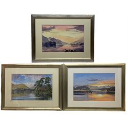 J E Ward (British 20th century): Dawn and Sunset Landscape and Lake with Ships, set three pastel watercolours signed 34cm x 53cm (3)