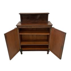 Wilkinson & Sons Ludgate Hill - Regency period mahogany chiffonier, raised back with column supports, fitted with two pleated silk lined panelled doors enclosing two adjustable shelves