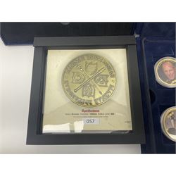 Commemorative coins, banknotes and miscellaneous items, including Queen Elizabeth II Bailiwick of Jersey 2015 five pound coin cased, Bailiwick of Guernsey 2019 five coin 'The Pantomime 50p coin Collection' in card folder, commemorative crowns, twelve medallion set 'The Duke of Edinburgh 70 Years of Service NumisProof Collection' housed in a display case with certificates, 'The Royal Wedding Silver NumisProof' sterling silver hallmarked medallion boxed with certificate etc
