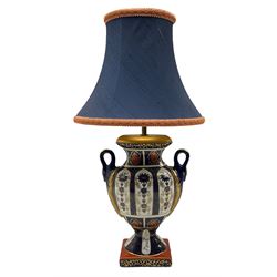Contemporary Imari decorated table lamp with swan handles and shade, H57cm overall