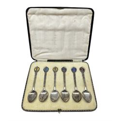 Cased set of 6 silver and enamel King Edward VIII coffee spoons Birmingham 1936 Maker William Hair Haseler