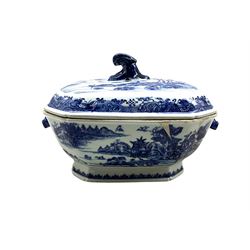 18th century Chinese export ware blue and white tureen with with scroll finial and rabbit mask handles, painted with lake scenes, L36cm