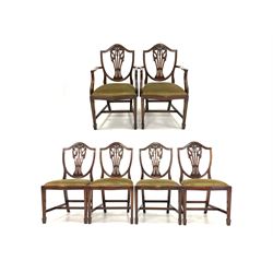 Set six (4+2) 20th century quality mahogany Hepplewhite style dining chairs with drop in upholstered seat pads, raised on square tapered supports 