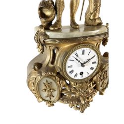 French - late 19th century 8-day gilt-spelter and alabaster mantle clock,c1890, with an imposing knight in armour on an spelter base with alabaster panels, white enamel dial with Roman numerals, minute markers and steel Fleur di Lis hands, Parisian 