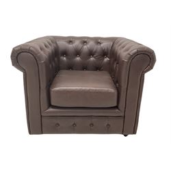 Chesterfield style buttoned back chair, upholstered in brown leather, raised on plastic castors 