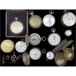 Collection of silver and chrome pocket watches including silver Swiss lever silver open face by Valmor, Swiss silver chronograph, with outer seconds track numbered 25-300, two other silver pocket watches, Medana nickel pocket watch, military pocket watch, back case No. G.S.T.P. Q 5290, gun metal wristwatch and a compass