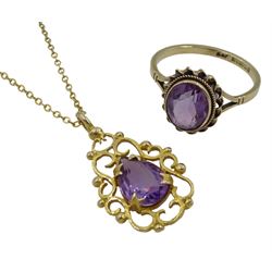 Gold pear shaped amethyst pendant necklace and a gold single stone oval amethyst ring, both 9ct, stamped or hallmarked