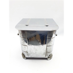 Art Deco chromed square form coal bin with rounded corners, raised on stepped feet, H31cm 