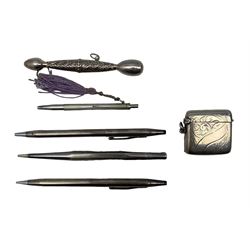 Cross Sterling Silver ballpoint pen and propelling pencil, 'Life-Long' Sterling silver propelling pencil (lacking clip), another silver pen, silver-plated vesta case and a Sterling Sliver chatelaine holder 