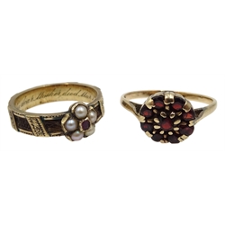 Victorian gold swallow brooch, Chester 1899, Victorian gold mourning seed pearl and plaited hair mourning ring, inscribed and dated 1869, gold garnet ring, brooch and locket, all 9ct