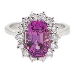 18ct white gold pink sapphire and diamond cluster ring, hallmarked, sapphire approx 2.75 carat, total diamond weight approx 0.60 carat
