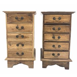 Pair of hardwood bedsides, fitted with five drawers, raised on bracket supports W41cm, H75cm, D42cm