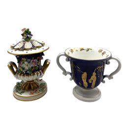 Bloor Derby  pot pourri vase and cover encrusted with flowers, H13cm together with a Bloor Derby twin handled cup decorated with figures performing (2)