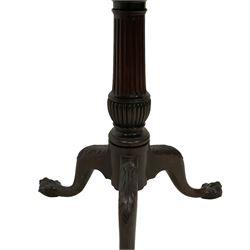 George III design mahogany tripod table, moulded pie-crust tilt-top, on turned and fluted column with reeded moulded baluster, three acanthus carved splayed supports with ball and claw feet