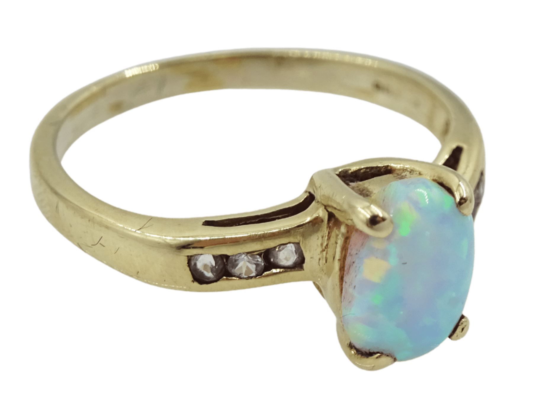 DS 9ct gold single stone oval opal ring with cubic zirconia set ...