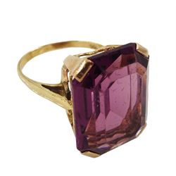 Gold emerald cut amethyst ring, stamped 9ct