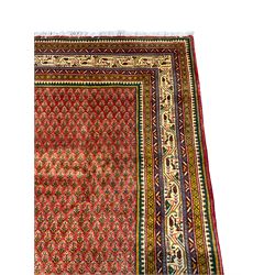 Persian Arrak red ground rug, the field decorated all-over with repeating Boteh motifs, multi-band border with geometric designs