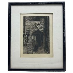 Hester Frood (New Zealand 1882-1971): Hilltop Castle, etching signed in pencil; Léon Gaucherel (French 1816-1886): Cathedral Interior, etching signed in the plate; James Hamilton Mackenzie (Scottish 1875-1926): Figures before Church, etching signed in pencil; G P* (Continental 20th Century): Neue Kirche - Berlin, etching signed in pencil max 9cm x 25cm (4)