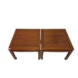 Pair of Chinese rosewood square lamp tables, raised on square supports 