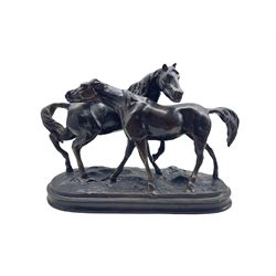 After Pierre-Jules Mene, bronze study of two horses, L33cm