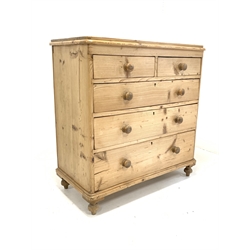 Victorian polished pine chest fitted with two short and three long drawers, raised on turned supports 