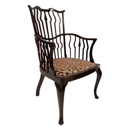 20th century armchair, the slat back over upholstered seat, raised on cabriole supports 