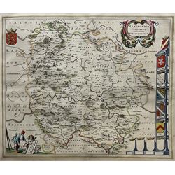 Johannes (Joan) Blaeu (Dutch 1596-1673): 'Herefordia Comitatus (Herefordshire)', 17th century engraved map with hand-colouring pub. Amsterdam c1645, French bookplate verso 45cm x 50cm (unframed)