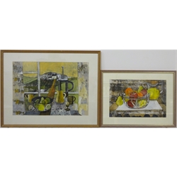 Anne Williams (British 20th century): 'Fruit Bowl' and 'Morning Still Life', two mixed media on paper signed, titled on labels verso, max 40cm x 58cm (2) 
Provenance: direct from the artist's family. Anne was a local artist who lived at Malton and later York.
