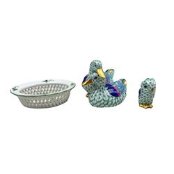 Herend group of two ducks L10cm, small Herend owl H5cm and a small Herend oval basket decorated with flowers