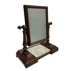 Victorian mahogany dressing table mirror, rectangular swing mirror in moulded frame supported by two turned horns, moulded rectangular platforms with central white and black veined marble top, on rectangular block feet