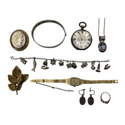 Group of jewellery, including a 19th century coral cameo pendant, in a gilt frame, a pair of Victorian silver earrings, a charm bracelet with Chinese charms, a silver bangle, a cultured pearl necklace with 9ct gold clasp, paste set ring (one vacant setting), simulated pearls, a silver pocket watch, a Rone 9ct gold cased wristwatch on a gilt metal strap and another watch