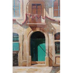Jeremy Sanders (British contemporary): Mediterranean Terrace Scene, oil on canvas unsigned 74cm x 48cm