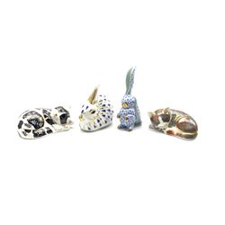 Herend model of a Rabbit, together with three Royal Crown Derby paperweights; Catnip Kitten, Rabbit signed Towell 1998 and Misty (4)