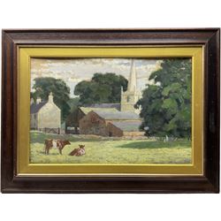 E C Clark (British 20th century): 'Thirlby - Near Sutton Bank' Yorkshire and Cows Resting Before Church, two oils on board signed max 44cm x 60cm (2)