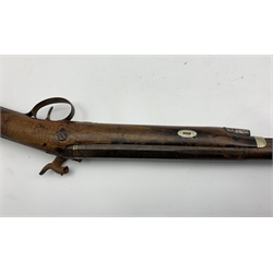 19th century percussion cap muzzle loading gun, the walnut stock with checkered fore-end, steel butt cap, engraved action inscribed W & Co., 80cm part octagonal barrel (lacking under-barrel ram rod and holders) L121cm overall