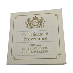 Queen Elizabeth II 2015 gold full sovereign coin, in plastic display case with CPM certificate