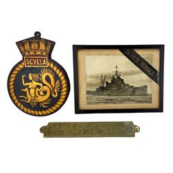 Royal Navy ship wall crest 'Scylla', photograph of HMS Nigeria, framed with cap tally and a brass plaque 'The Captain's Word is Law' (3)