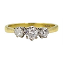 Gold three stone old cut diamond ring, stamped 18ct, central diamond approx 0.30 carat