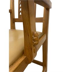 Beaverman - set of four (3+1) oak dining chairs, carved and pierced lattice backs over tan leather upholstered seats, on octagonal supports joined by H-stretchers, by Colin Almack, Sutton-under-Whitestone Cliffe, Thirsk