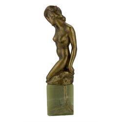 Art Deco style bronze figure of a female nude, her arm shielding her face, indistinctly signed, on green onyx square section base, H34.5cm 
